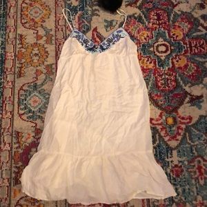 Boho hippie white dress blue embroidered flowers